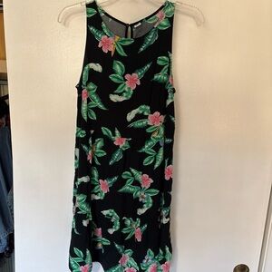 Old Navy Black Floral Midi Dress with Pink and Green Print